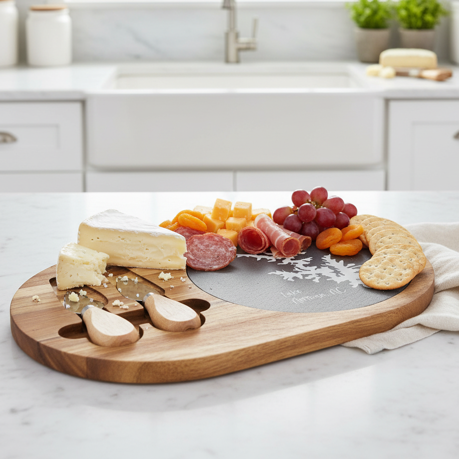 Oval wooden charcuterie board with cheese, fruits, and meats on a kitchen counter. It's made of acacia wood and slate. The slate has silhouette of Lake Norman, NC engraved on it.