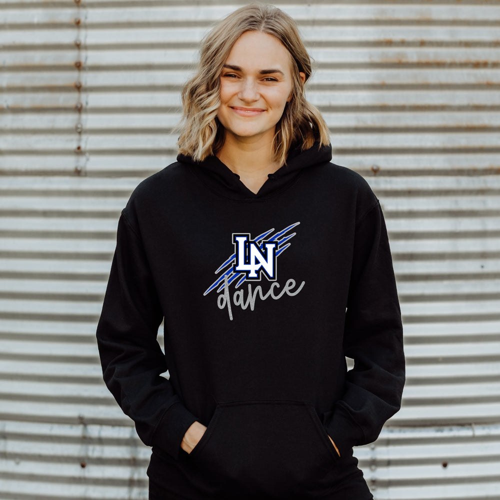 Person wearing a black hoodie with 'LN dance' design with wildcat scratch marks