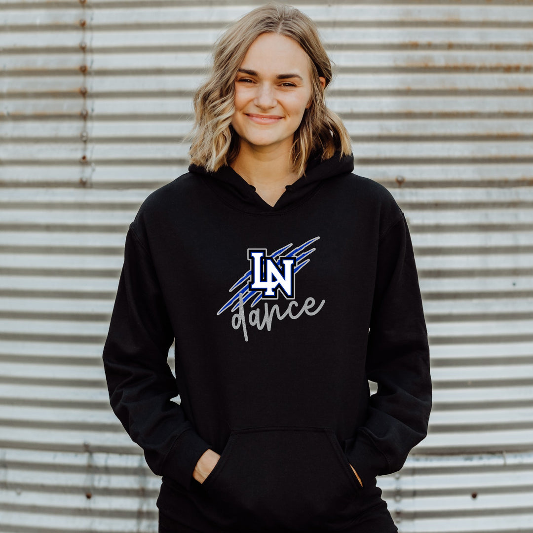 Person wearing a black hoodie with 'LN dance' design with wildcat scratch marks