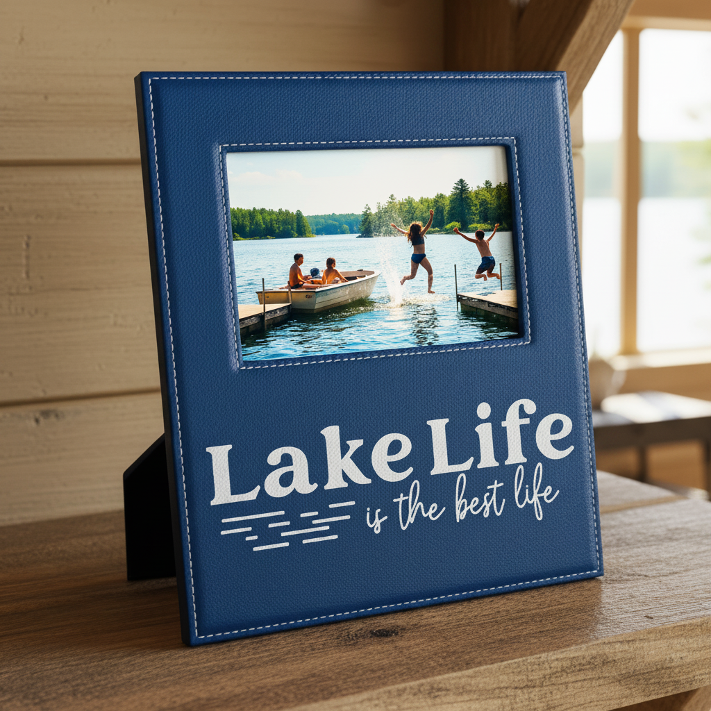 A navy blue faux-leather picture frame with white stitching and the text &
