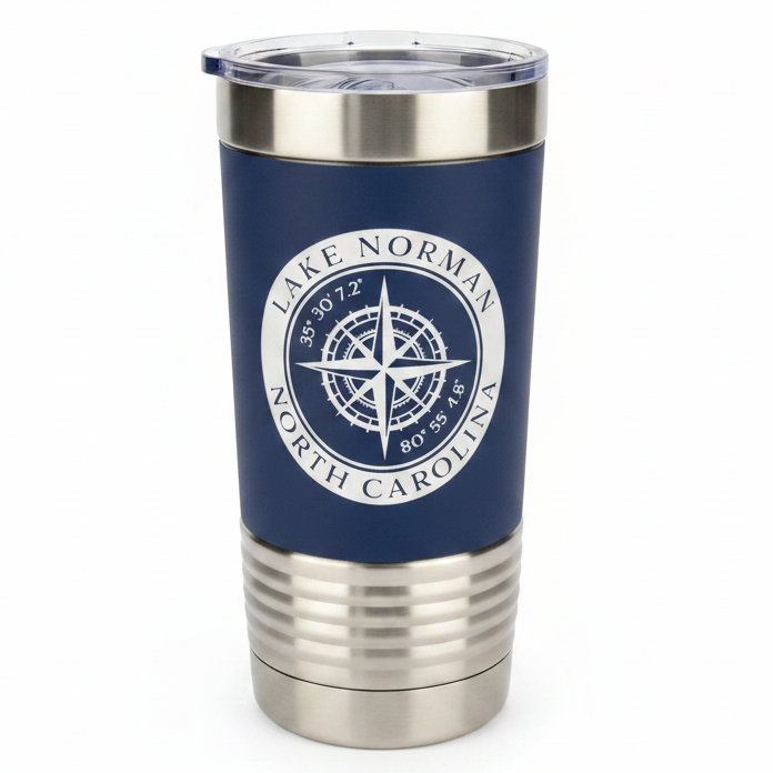 A navy blue insulated travel tumbler with a stainless steel lid and base, featuring a white circular Lake Norman North Carolina compass graphic on the front.