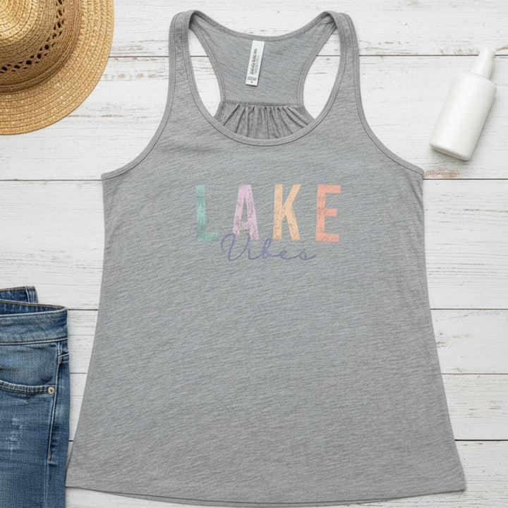 A light heather gray racerback tank top with &