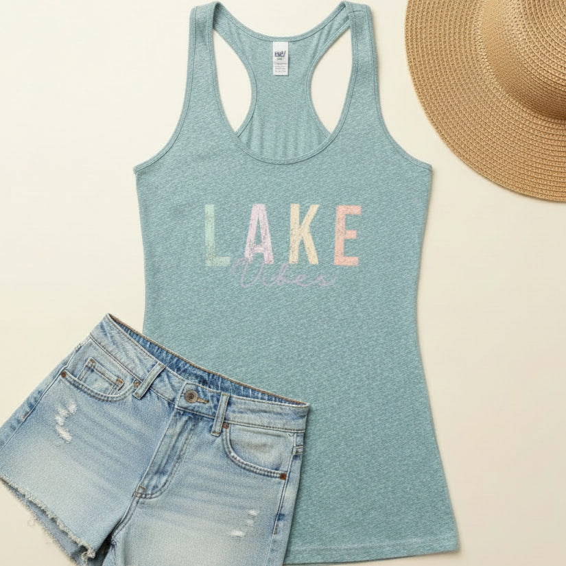A heathered light blue racerback tank top with &