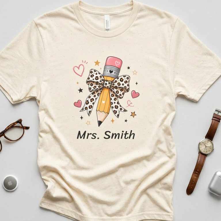 A cream-colored short-sleeve t-shirt with a graphic of a pencil tied in a leopard-print bow, surrounded by pink hearts and gold stars, with the text 'Mrs. Smith' printed below.