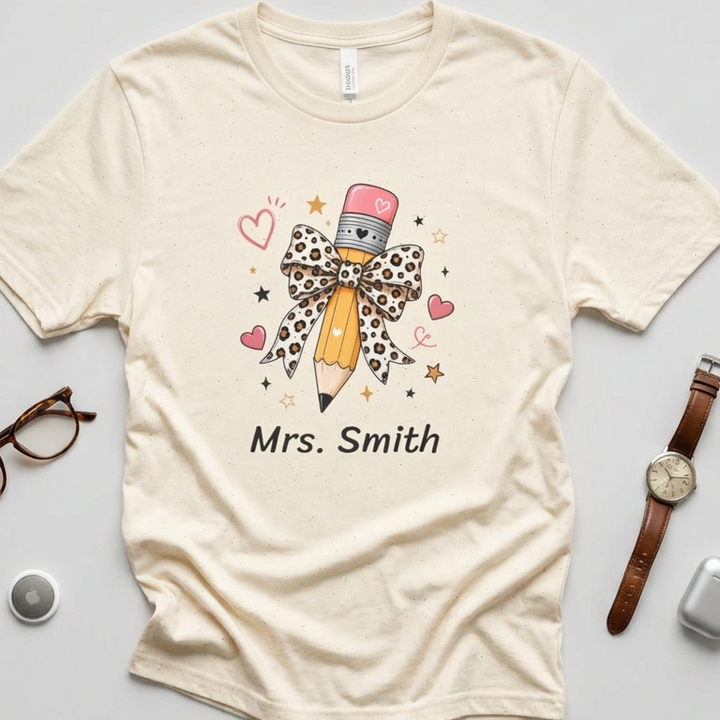 A cream-colored short-sleeve t-shirt with a graphic of a pencil tied in a leopard-print bow, surrounded by pink hearts and gold stars, with the text 'Mrs. Smith' printed below.