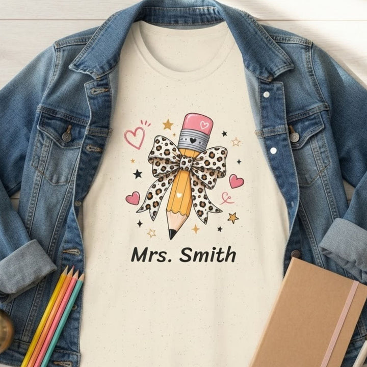 A cream-colored graphic t-shirt featuring a cute pencil illustration with a leopard-print bow and the text 'Mrs. Smith', styled in a flat-lay with a blue denim jacket, colored pencils, a notebook, and a pen on a light wood background.