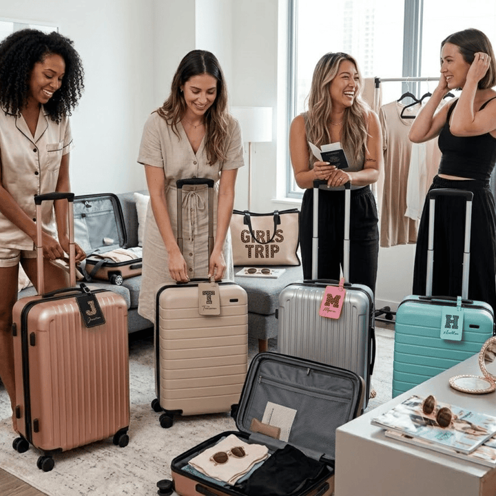 Four women preparing for a trip with various suitcases in a room each with a leopard print initial and name engraved on the tag.
