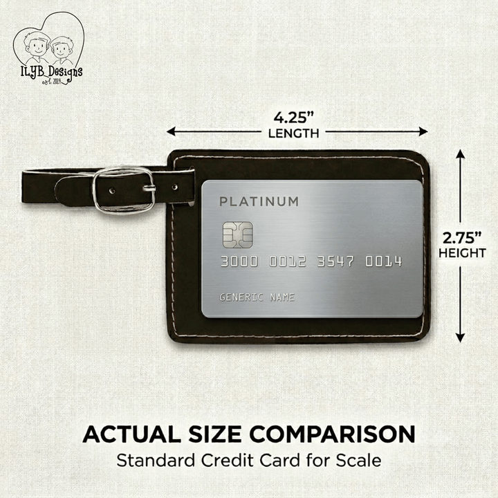 Personalized luggage tag size comparison — 4.25 inches long by 2.75 inches tall, shown next to a standard credit card for scale