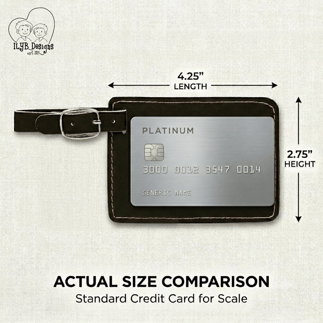Personalized luggage tag size comparison — 4.25 inches long by 2.75 inches tall, shown next to a standard credit card for scale