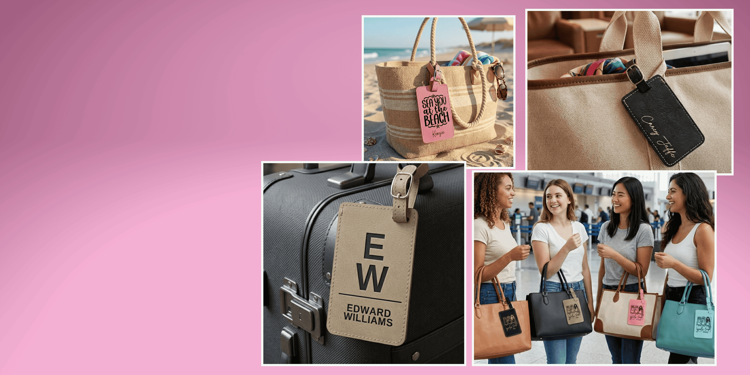 4 images of new summer item - luggage tags shown on different pieces of luggage to show how they buckle on various types of luggage and totes