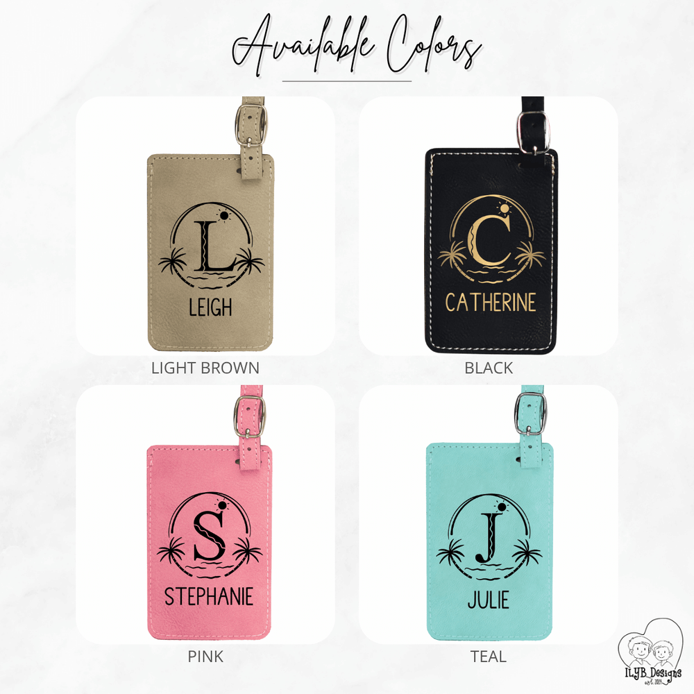 Four personalized luggage tags in different colors with initials and names.
