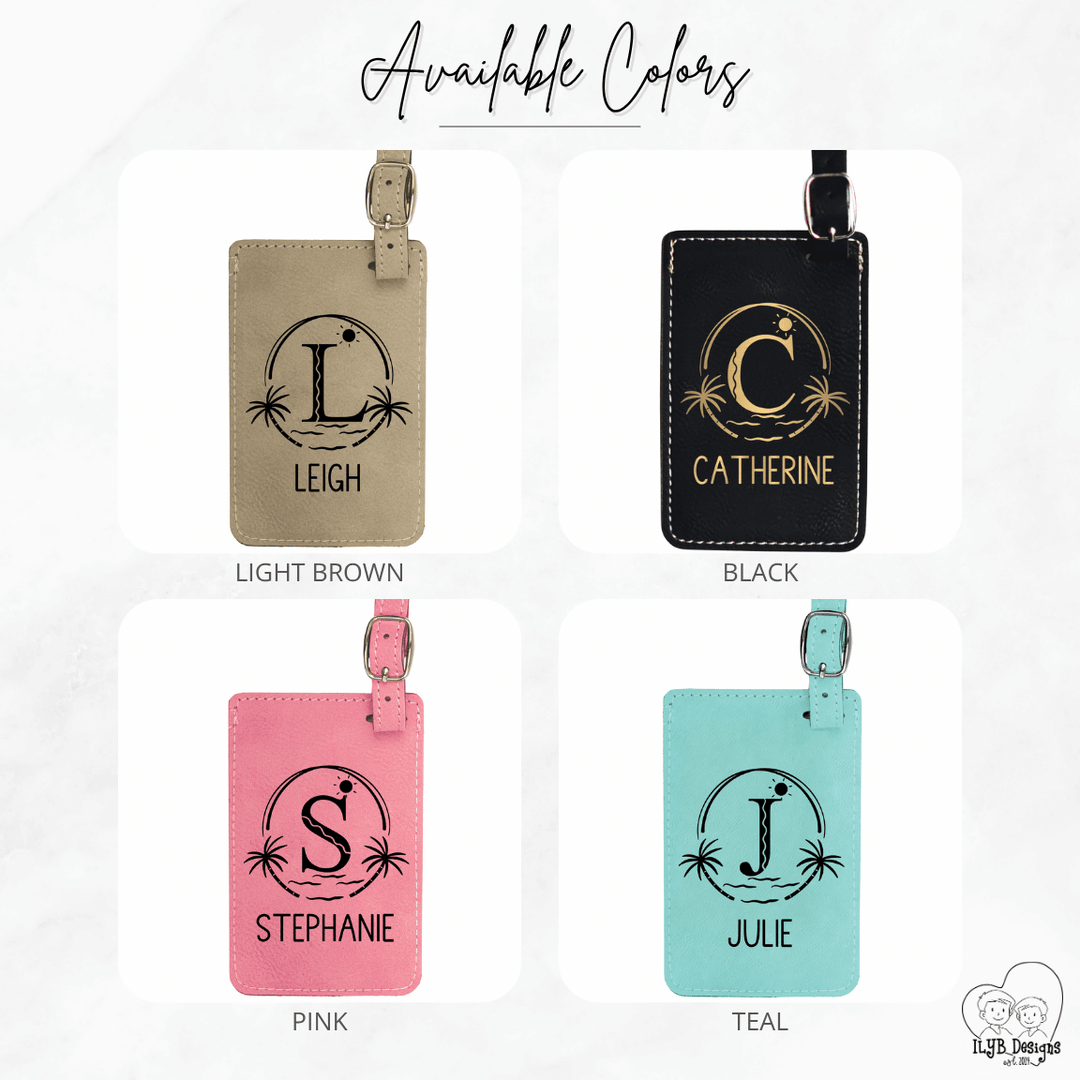 Four personalized luggage tags in different colors with initials and names.