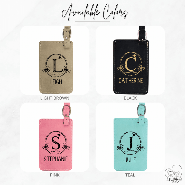 Four personalized luggage tags in different colors with initials and names.
