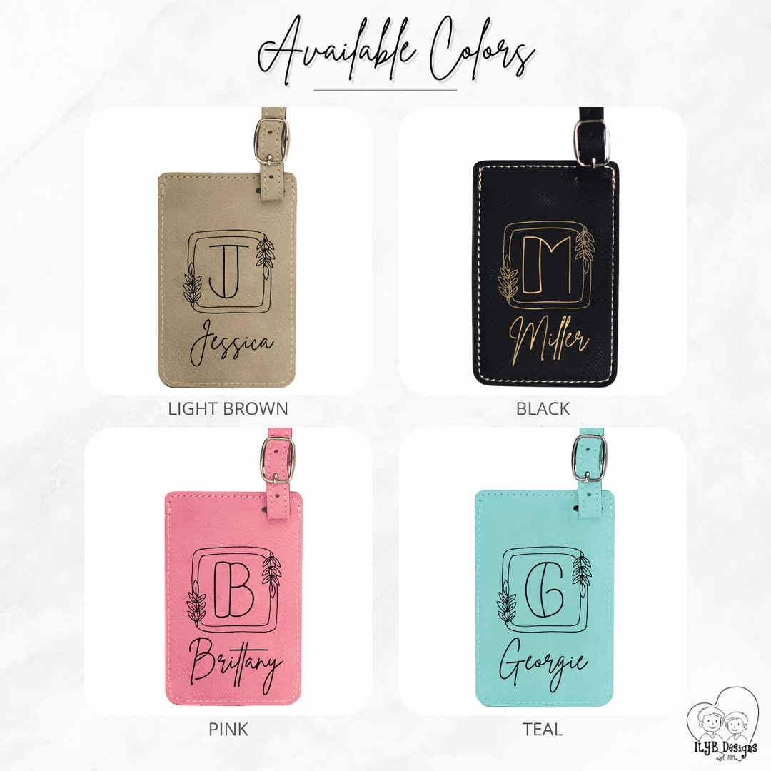 Four personalized luggage tags in different colors with engraved initials and names.