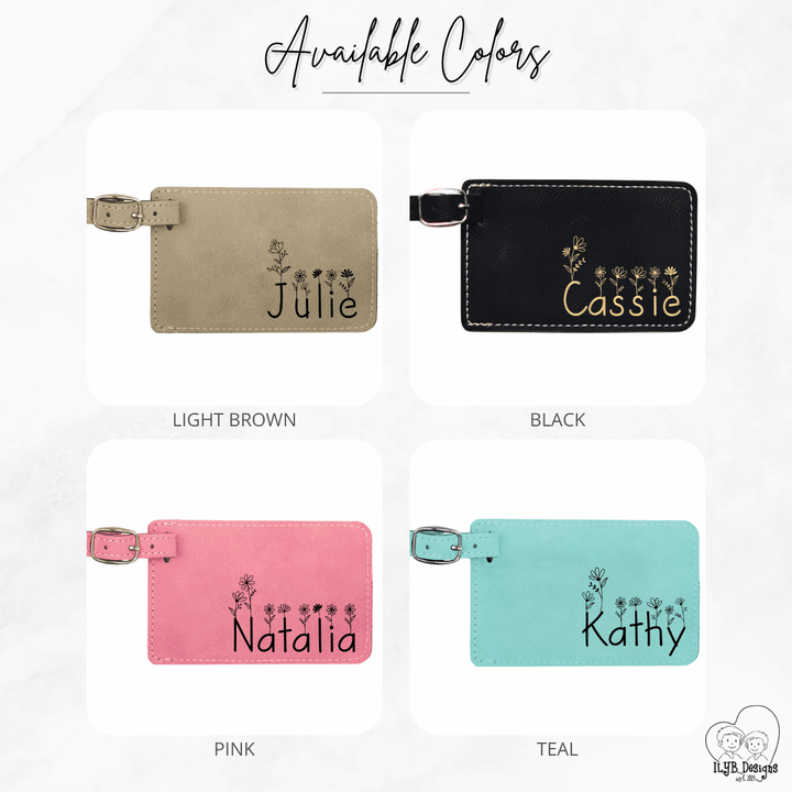 Four luggage tags in different colors with personalized names on a white background