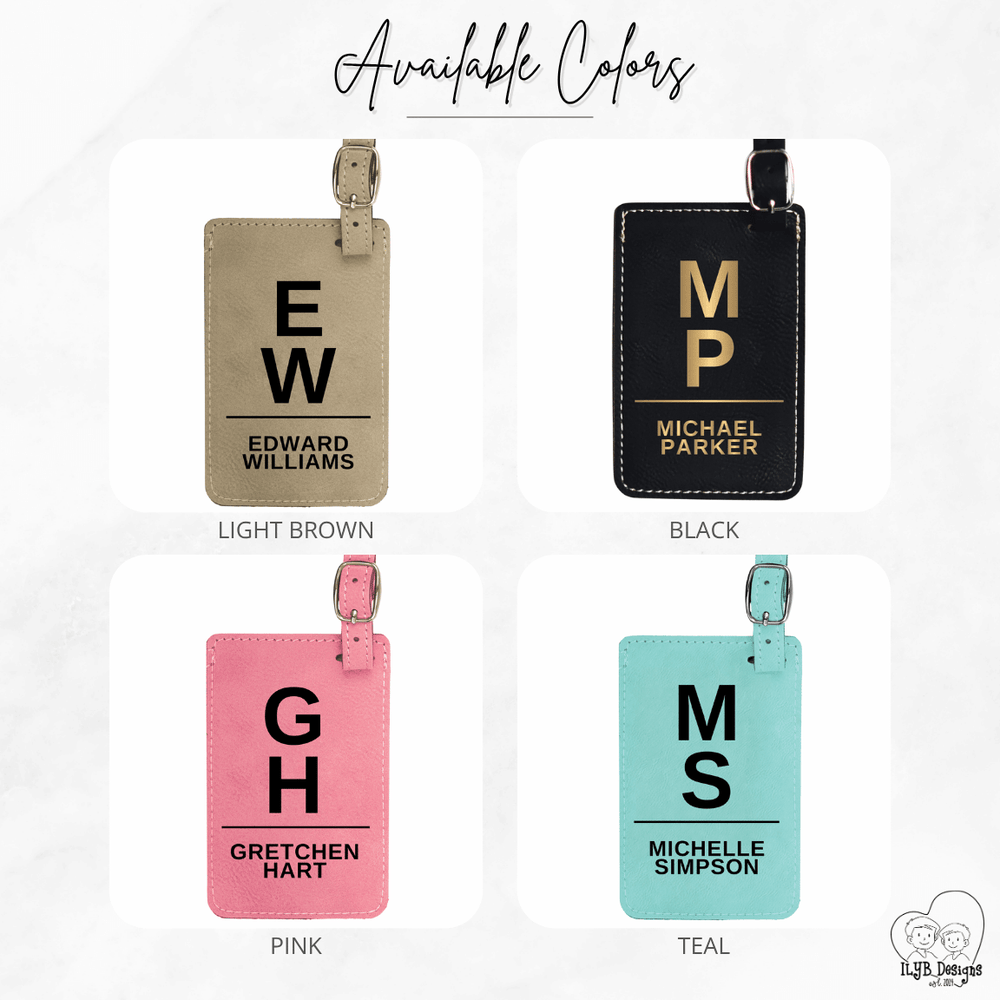 Four personalized luggage tags in different colors with names and initials.
