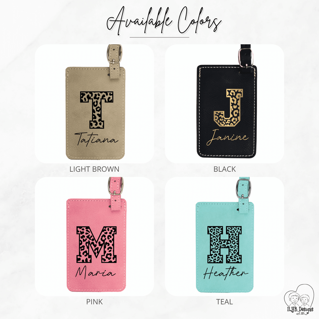 Four personalized luggage tags in different colors with monogram letters and names.