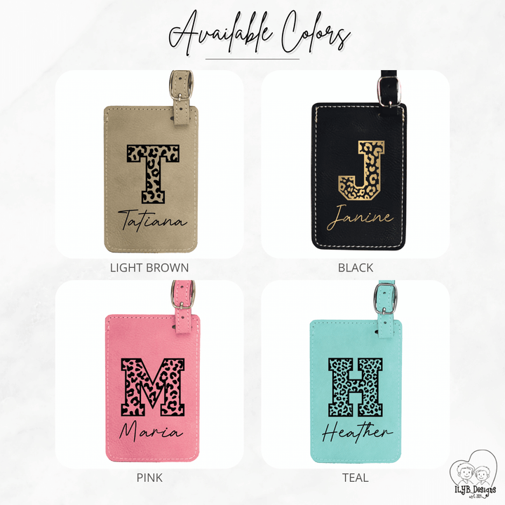 Four personalized luggage tags in different colors with monogram letters and names.