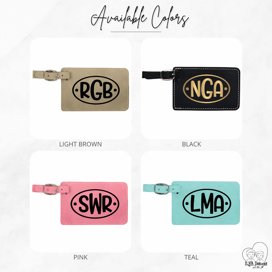 Four luggage tags with initials in different colors on a white background