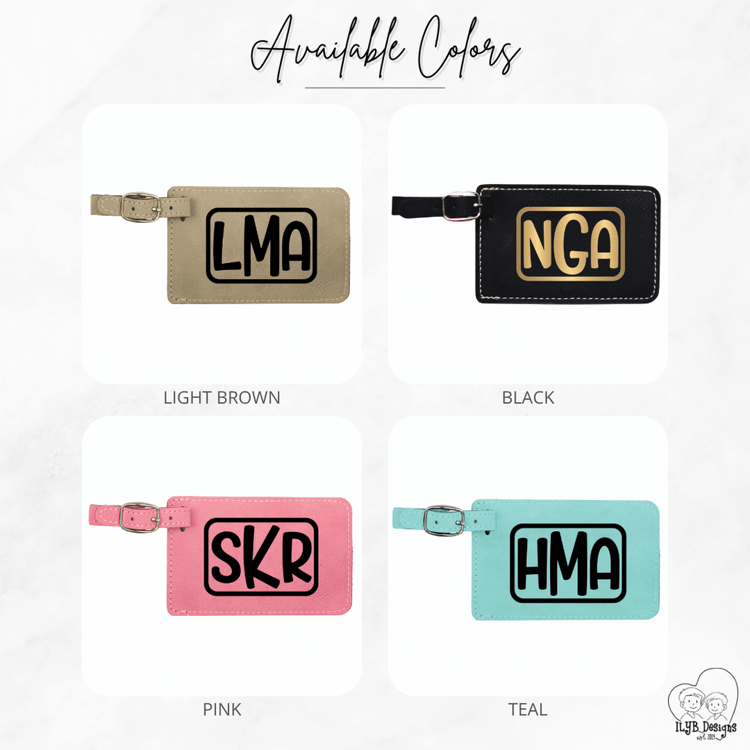 Four luggage tags with initials in different colors on a white background