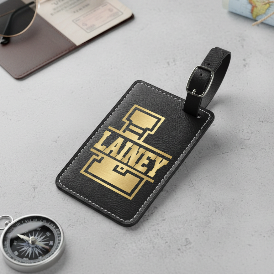 Black luggage tag with gold name monogram sitting on a gray surface with travel items.