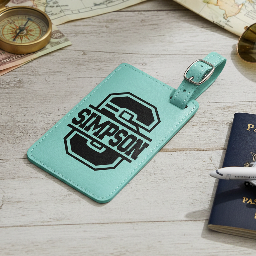 Turquoise luggage tag with 'SIMPSON' design engraved on tag sitting on a wooden surface with travel items.