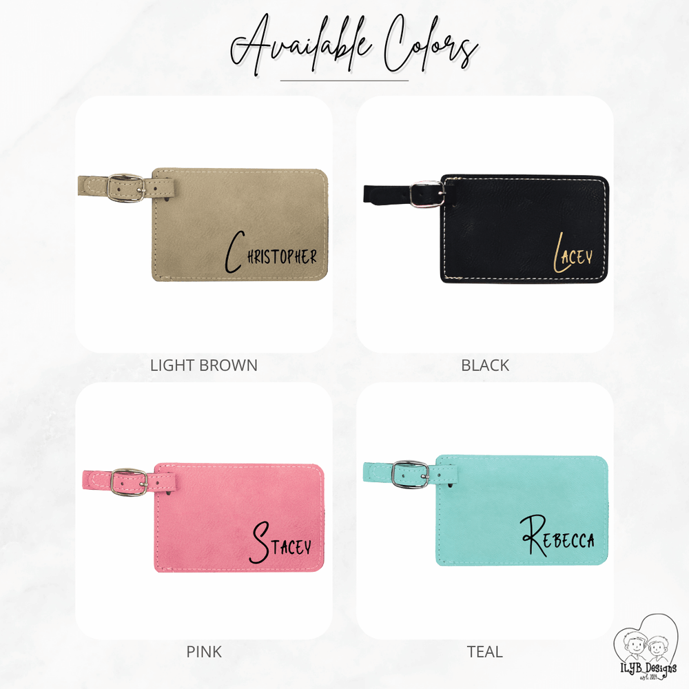 Four luggage tags in different colors with names engraved on them, displayed against a white background.