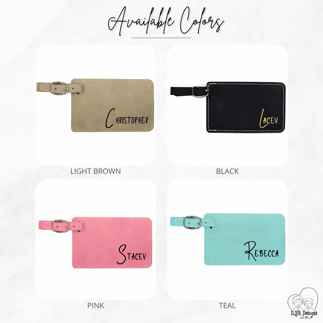 Four luggage tags in different colors with names engraved on them, displayed against a white background.