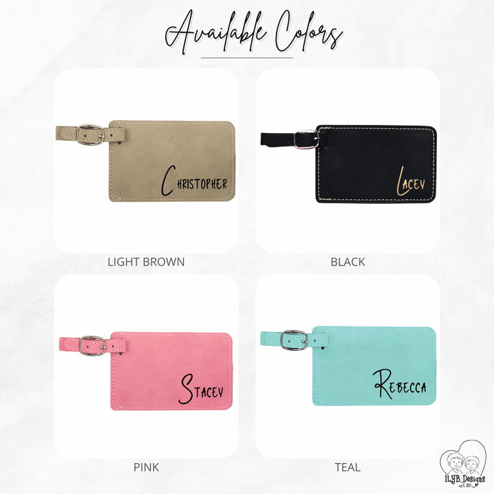 Four luggage tags in different colors with names engraved on them, displayed against a white background.