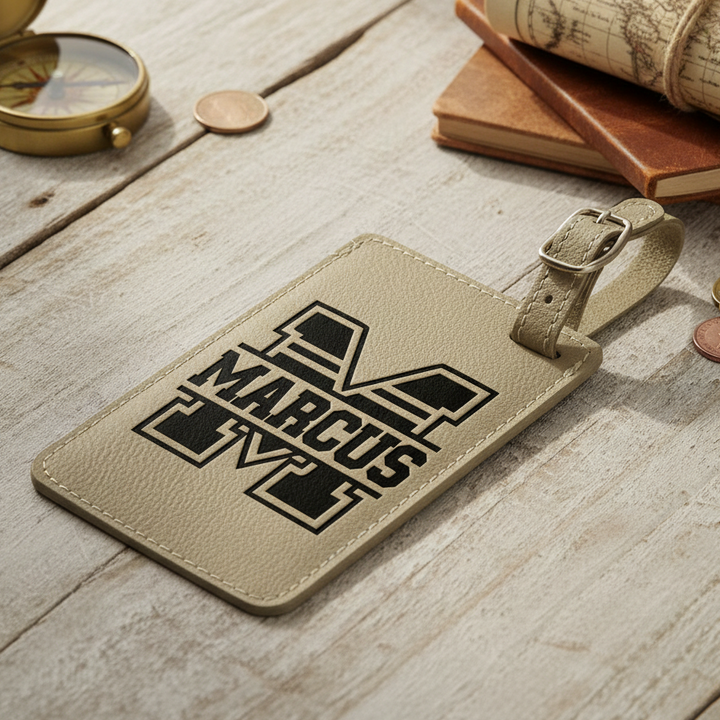 Beige leather luggage tag with black text on a wooden surface with travel items.