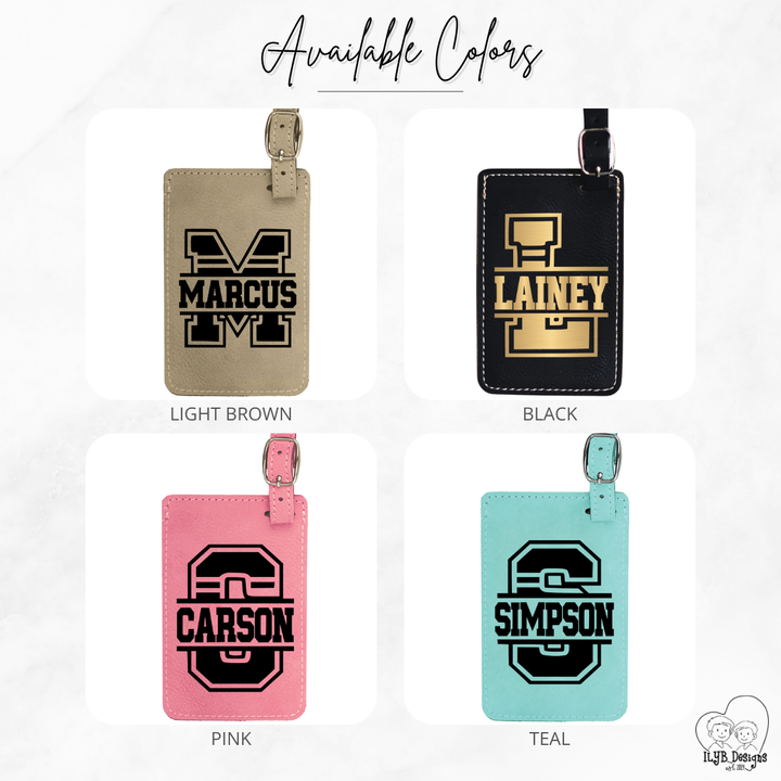 Four luggage tags with different colors and names on a white background