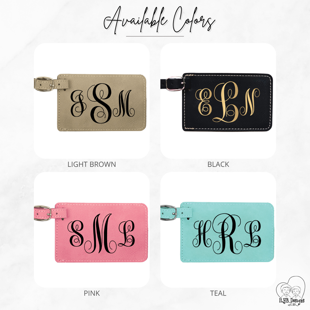 Four monogrammed luggage tags in different colors with available color options displayed.