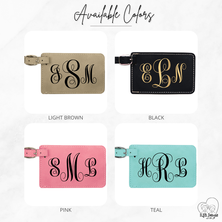 Four monogrammed luggage tags in different colors with available color options displayed.
