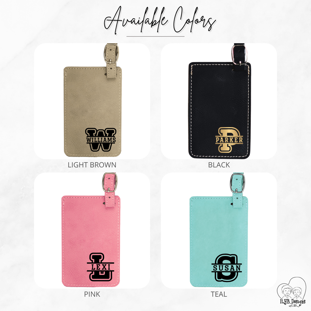 Four luggage tags in different colors with personalized names on a white background.