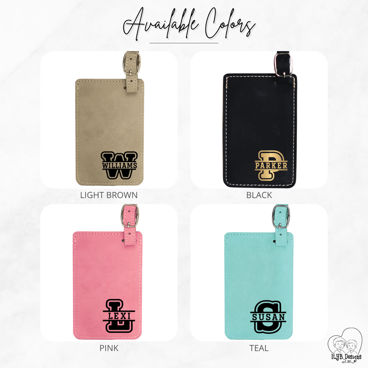 Four luggage tags in different colors with personalized names on a white background.