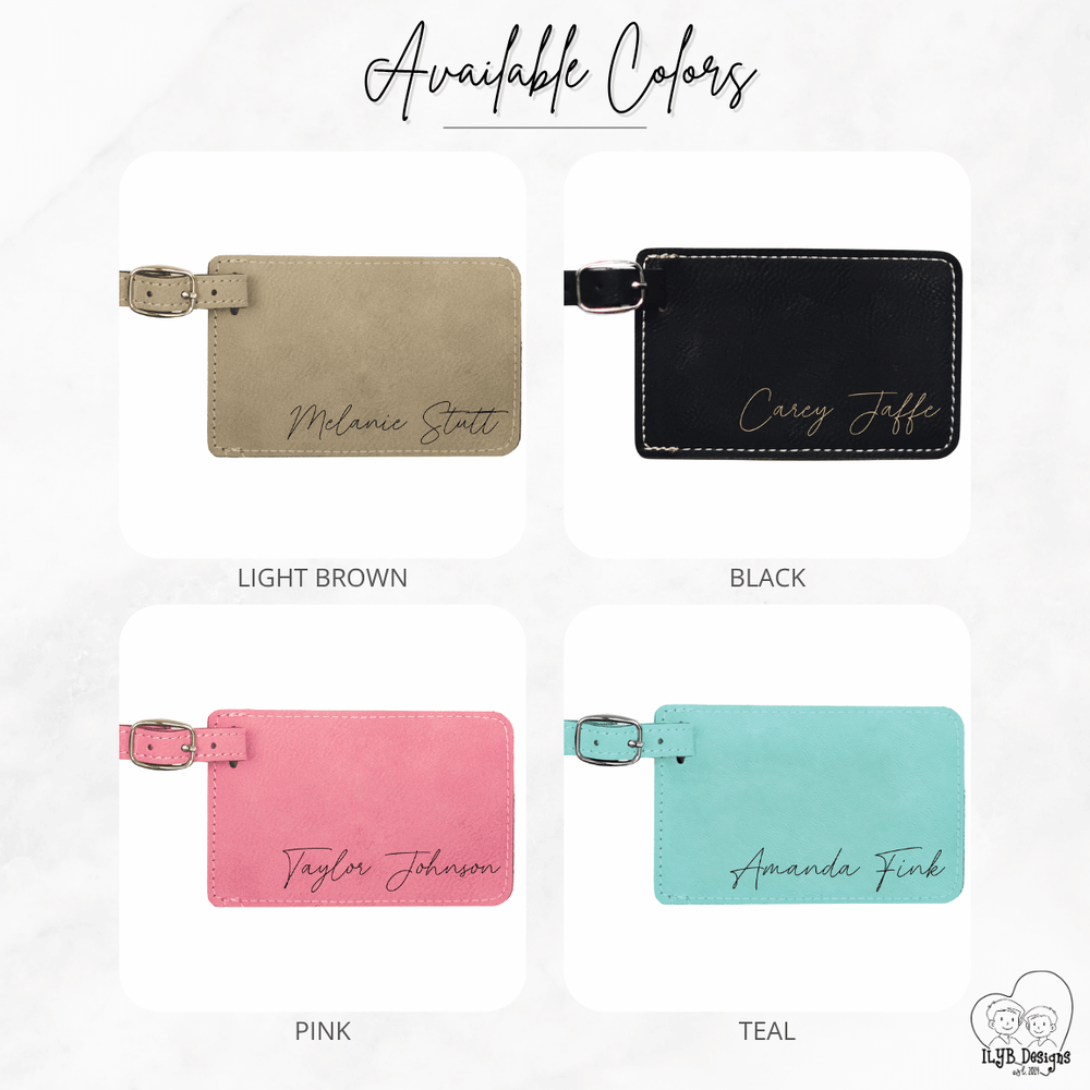 Four luggage tags in different colors with personalized names on a white background.