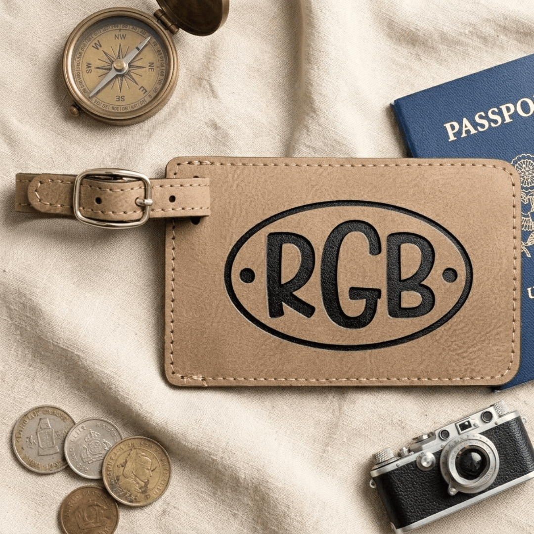 Leather luggage tag with 'RGB' initials monogram engraved in black, laying on a beige fabric background with coins, camera, and passport.