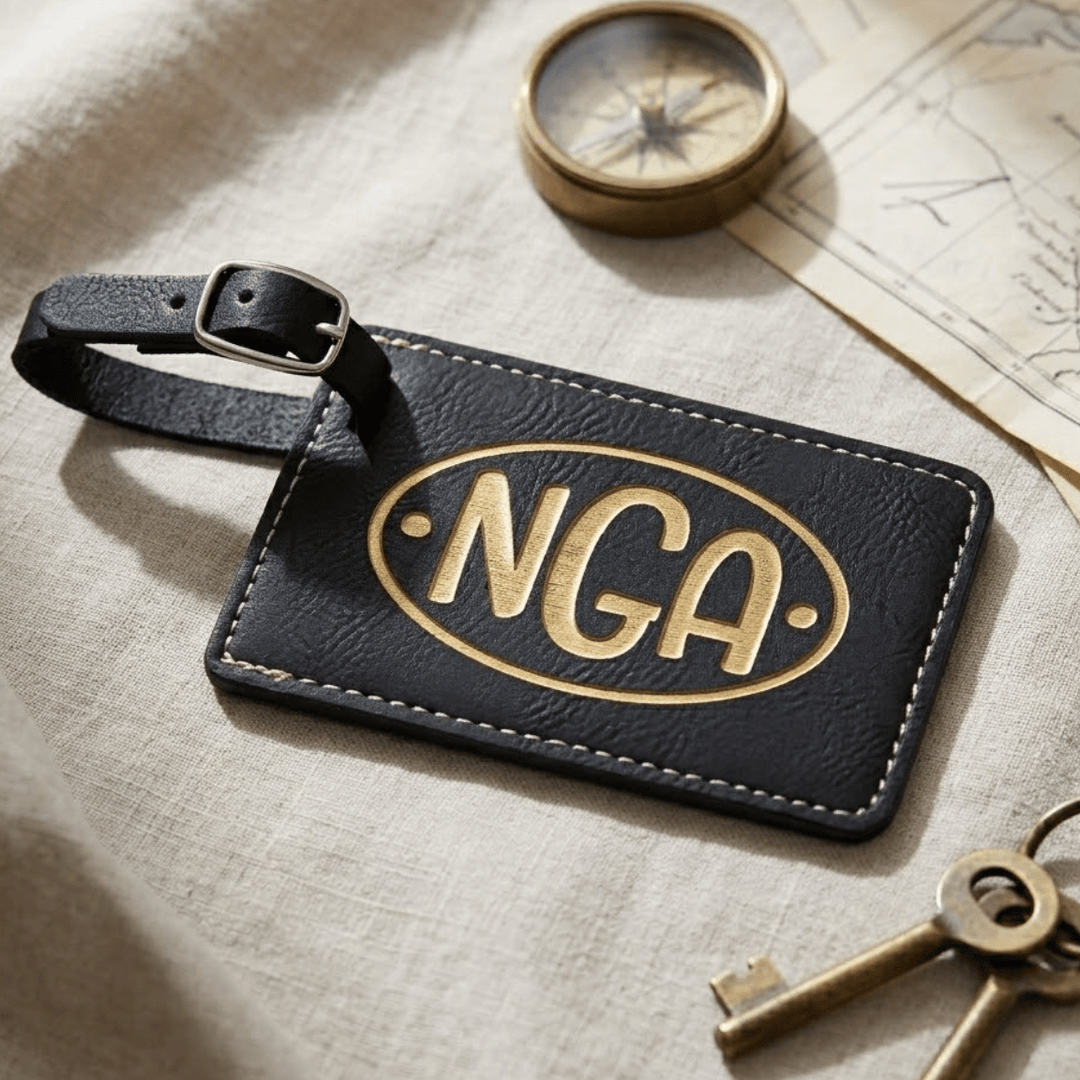Black leather luggage tag with 'NGA' engraving on a textured surface with compass and keys.