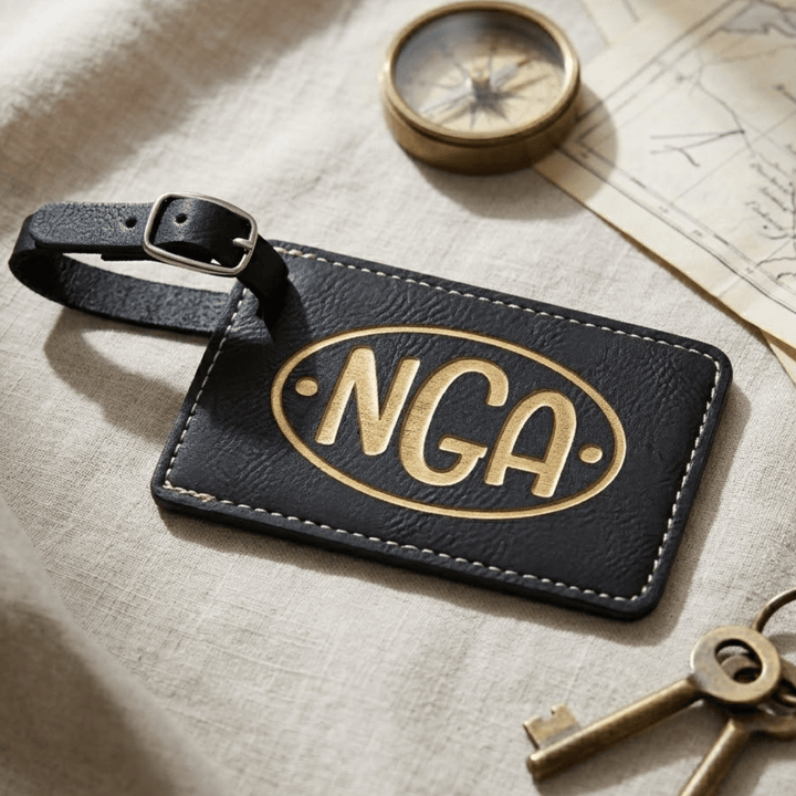 Black leather luggage tag with 'NGA' engraving on a textured surface with compass and keys.