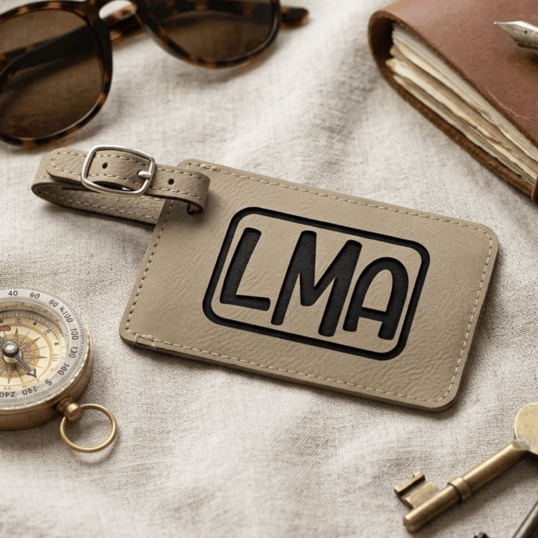 Light brown leather luggage tag with 'LMA' engraved in black on a textured surface with sunglasses, compass, and keys.
