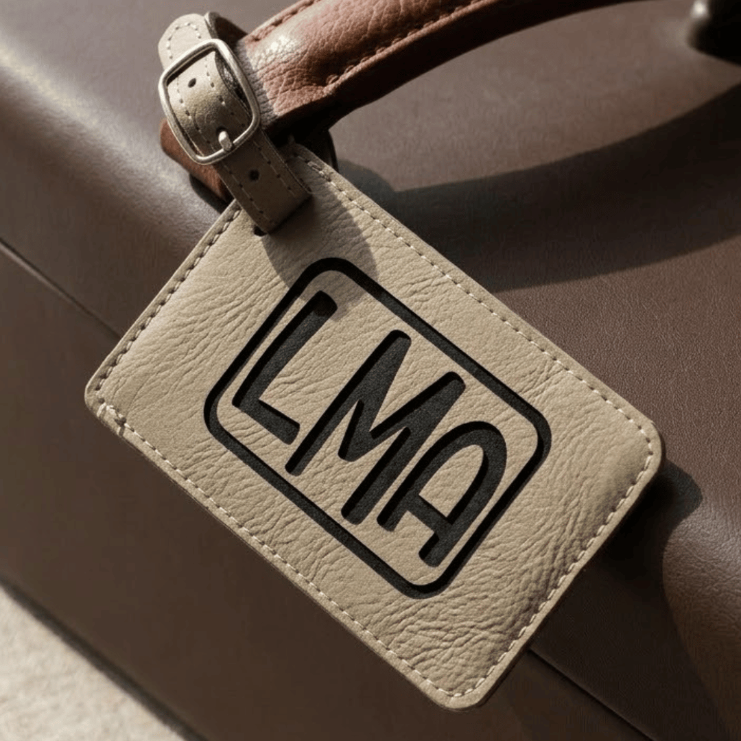 Leather luggage tag with 'LMA' engraved in black on a brown suitcase