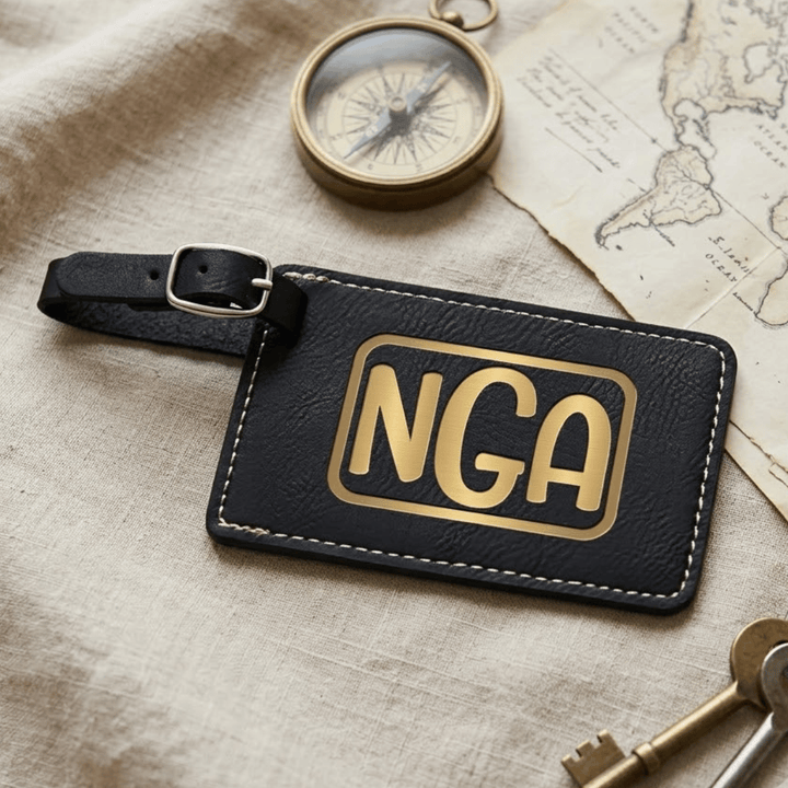 Black leather luggage tag with 'NGA' engraved in gold on a textured surface with a compass and keys.