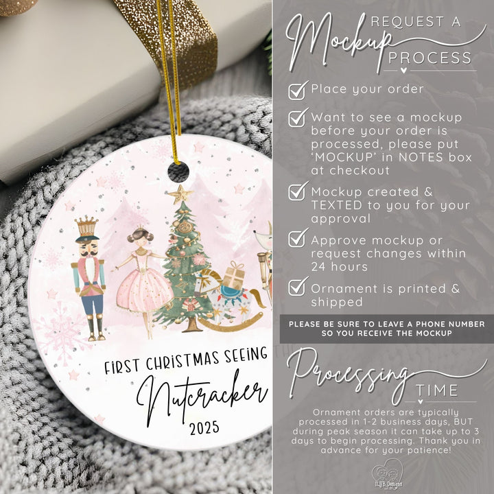 How to request a mockup to be sent to you before your ornament is printed. Place your order and put the word MOCKUP in the notes box. A mockup will be created and texted to you for approval. Approve mockup or request changes within 24 hours. Ornament is printed and shipped. Please be sure to leave a phone number so you receive the mockup. Ornament orders are typically processed in 1-2 business days. During peak season it can take up to 3 days to begin processing.