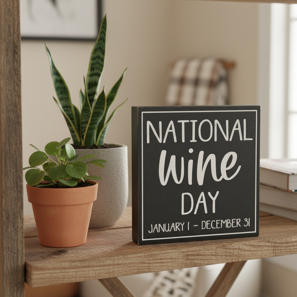 A square black decorative sign with white lettering that reads “NATIONAL wine DAY” and “JANUARY 1 - DECEMBER 31,” displayed on a wooden surface next to a potted plant.