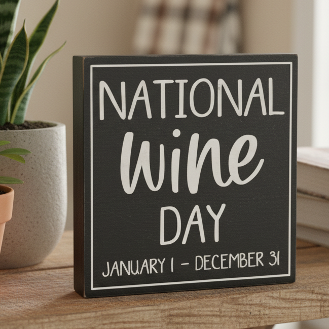 A square black decorative sign with white lettering that reads “NATIONAL wine DAY” and “JANUARY 1 - DECEMBER 31,” displayed on a wooden surface next to a potted plant.