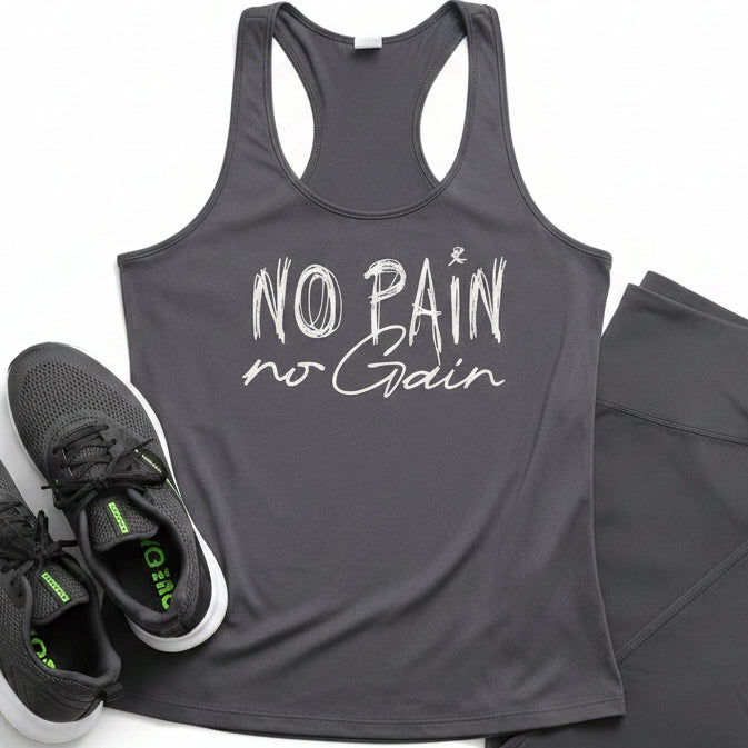 A dark charcoal gray dri fit racerback tank top with &