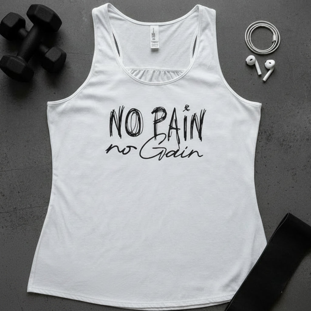 A white racerback tank top with black text reading &