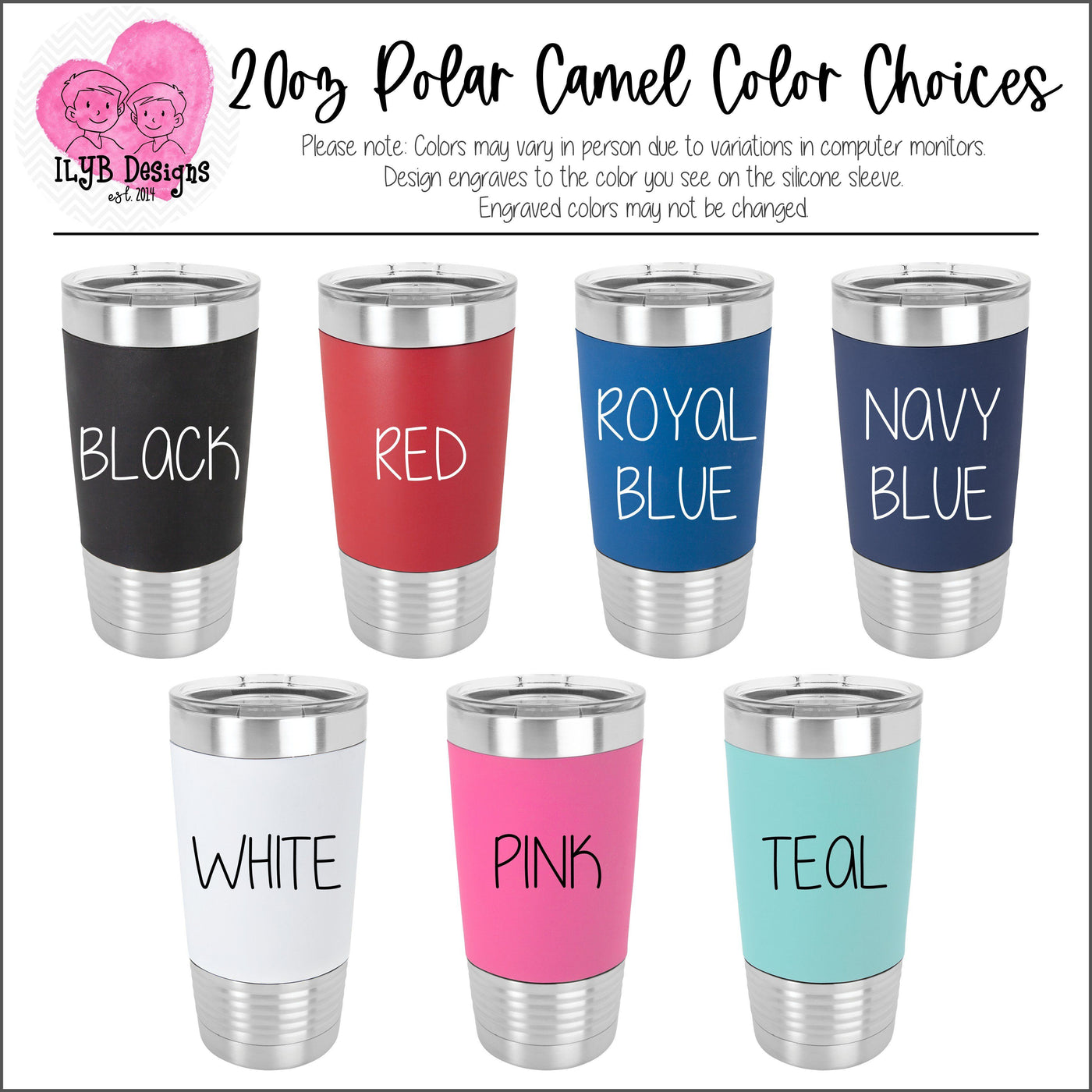 20oz Polar Camel Stainless Steel Tumbler with silicone sleeve color choices. Colors include black, red, royal blue, navy blue, white, pink, and teal.