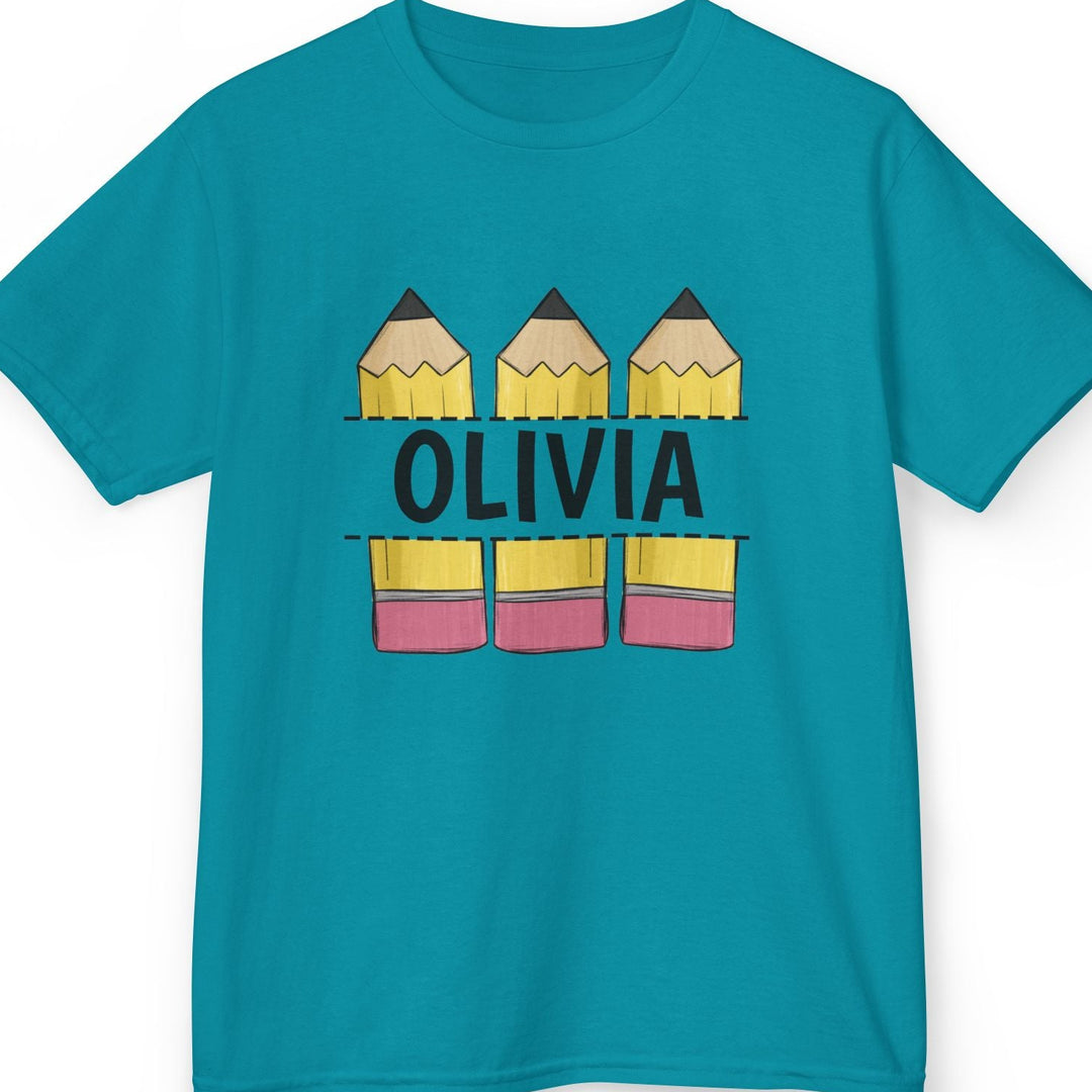 A teal short-sleeve t-shirt with a graphic on the chest featuring three yellow pencils with pink erasers and the name 'OLIVIA' in black text through the split in the middle of the design, displayed on a clean white background.