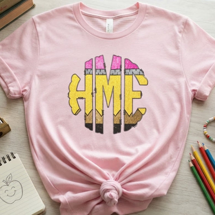Round School Pencil Monogram Teacher Shirt | Personalized Back to School Tee
